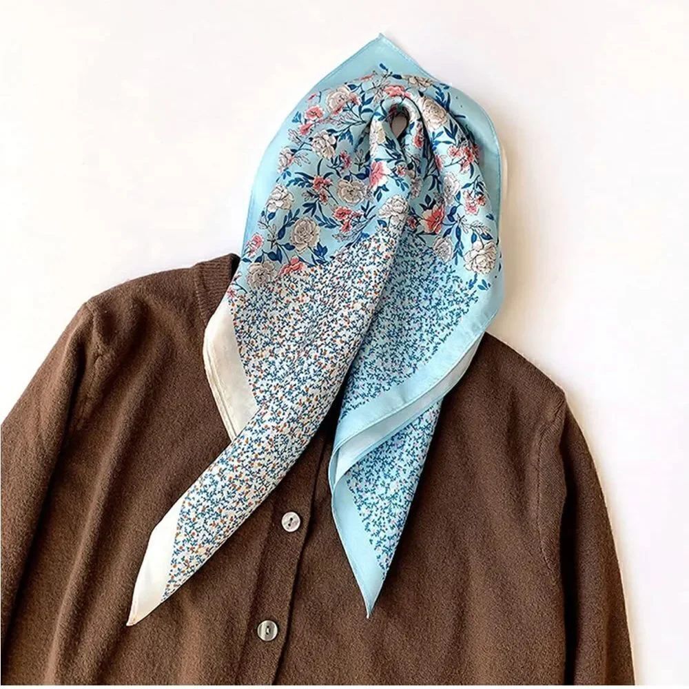 Blue Floral Mulberry Silk Neck Scarf